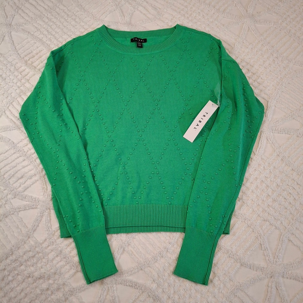 Tribal Womens Medium Sweater Green Diamond Textured Long Sleeve Pullover‎ NWT